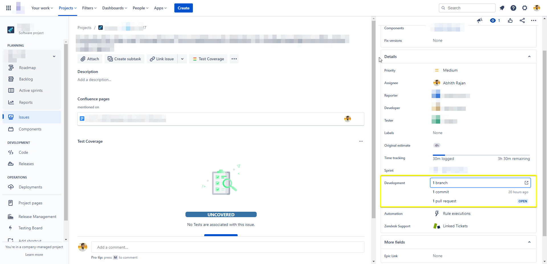 Development links in the Jira issue details